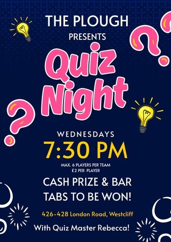 Quiz Night poster — Wednesdays 7:30pm at The Plough